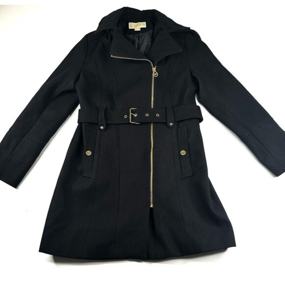 Michael Kors Asymmetric Zip Wool Blend Coat Black Women's Size 8 Belted Hooded - Picture 4 of 16